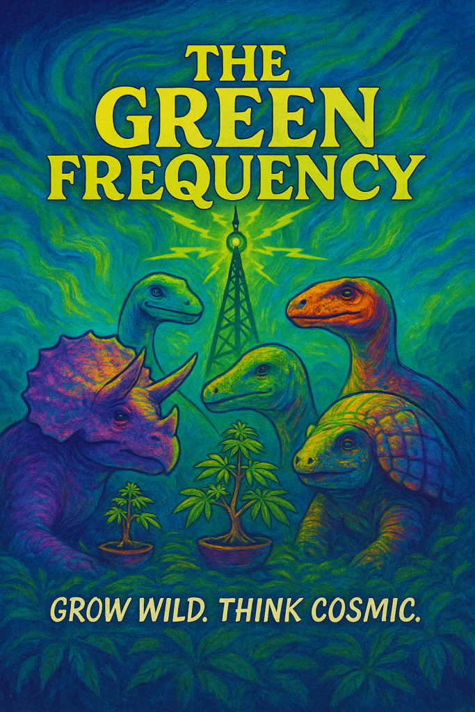 A colorful illustration featuring cartoon dinosaurs, including a triceratops and a turtle, gathered around small plants, with the title 'THE GREEN FREQUENCY' at the top and the slogan 'GROW WILD. THINK COSMIC.' at the bottom.